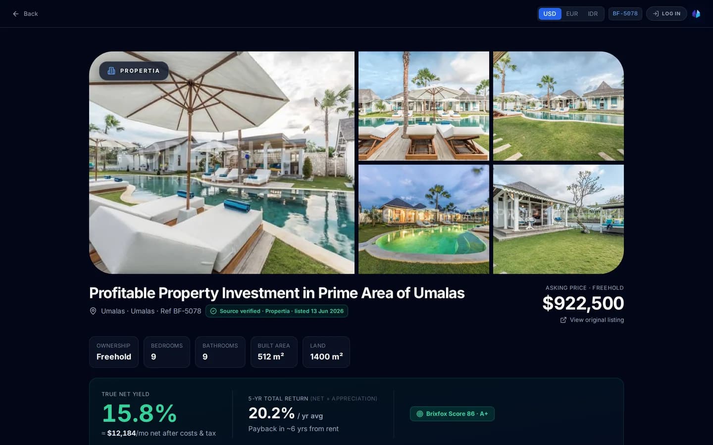 A Brixfox property page showing 15.8% true net yield, an A+ BrixfoxScore, and a 5-year projected return on a freehold Bali villa.