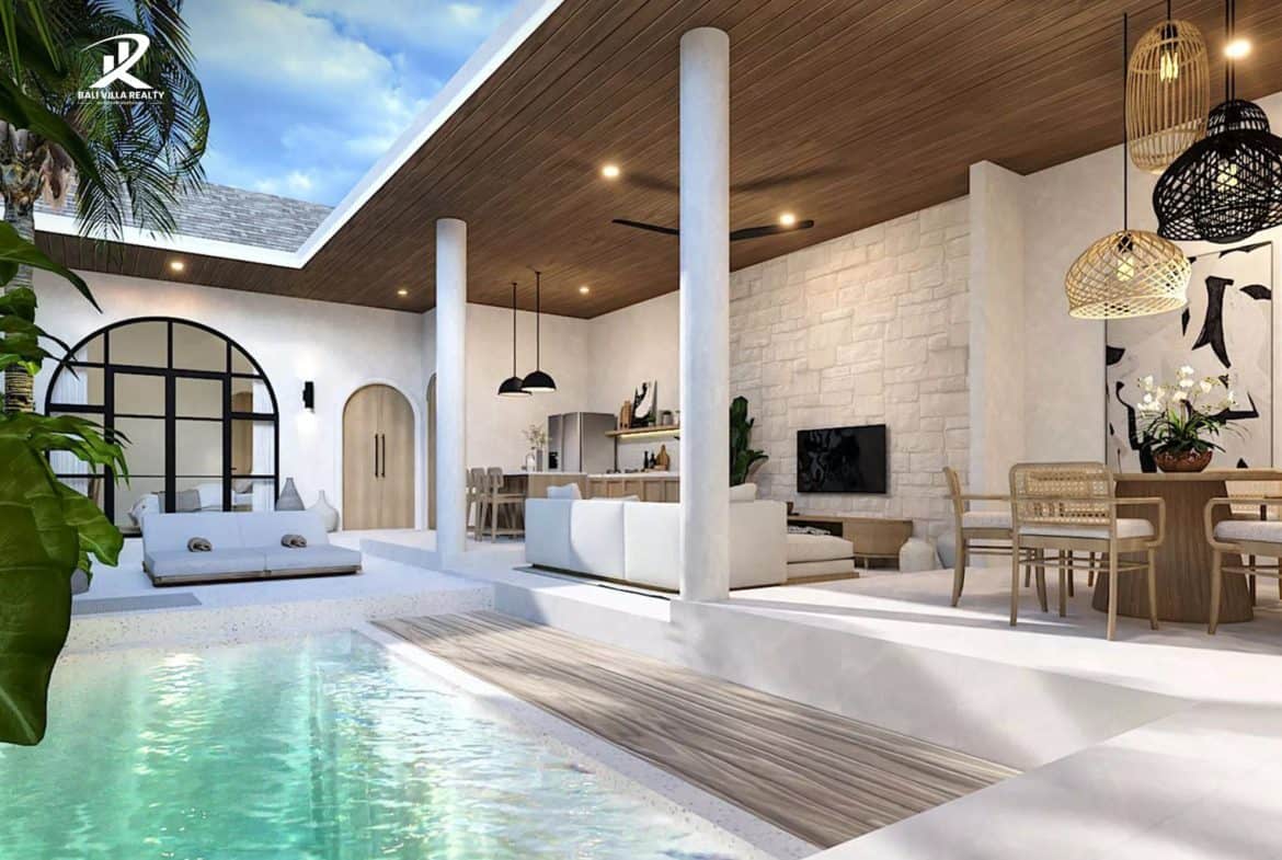 Mediterranean-Bali Fusion: Stunning 3BR Arched Villa with Central Courtyard Pool in Jimbaran For Sale Leasehold